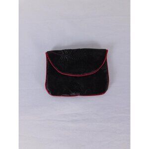 Coin Wallet Purse Womens One Size Compact Black Velvet Floral Pouch Red Trim